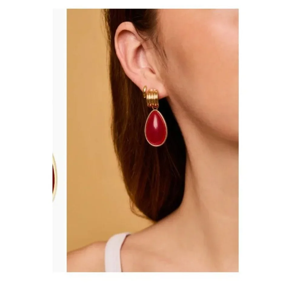 Gold Teardrop Red Stone Earrings